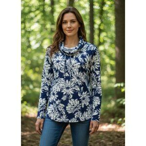 Liz Claiborne Women’s Drawstring Cowl-neck Floral Sweatshirt, Navy/White, Sz. S